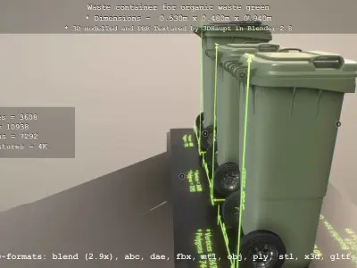 Waste container for organic waste green - RAL 6011 Resedagruen Low-poly 3D model