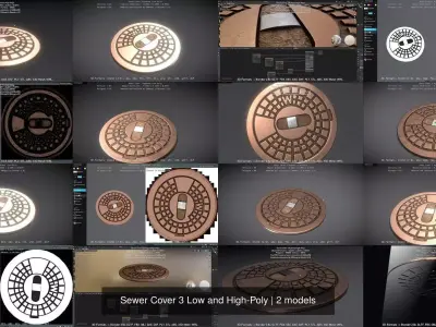 Sewer Cover 3 Low and High-Poly 3D Model Pack