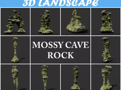 Low poly Mossy Cave Rock Module 191220 Low-poly 3D model