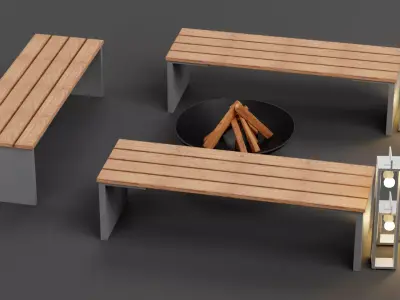 Garden Setup V2 - Modern Seating with Fire Pit and Lanterns Low-poly 3D model