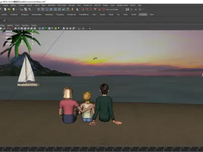 The family is watching the sunrise at the seaside 3D model