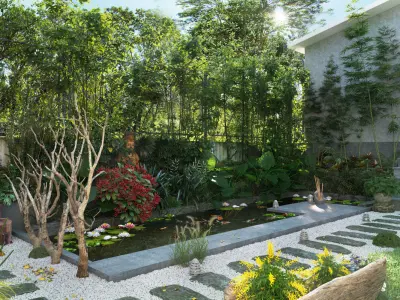 gardenhouse garden with fire pit in middle 3D model