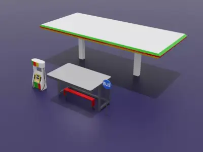 Low Poly Bus Stop Station Gas Station Pack Stylized City Props Low-poly 3D model