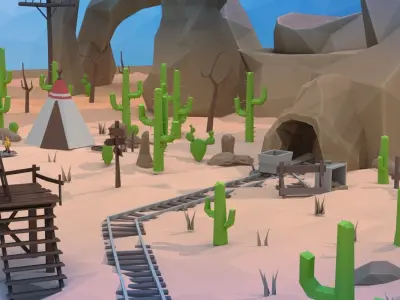 Low poly western desert town Low-poly 3D model