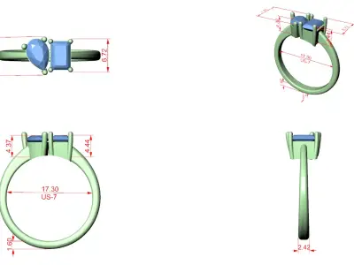 Toi Et Moi Diamond Ring CAD Design with Pear and Emerald 3D print model