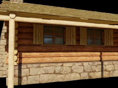 Small Log Cabin with Interior Fireplace Doors and Windows Low-poly 3D model