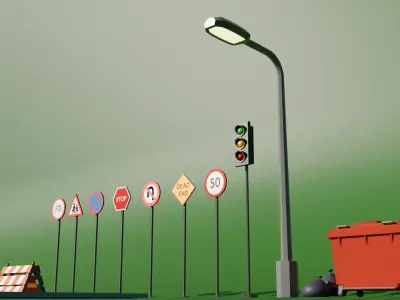 Modular Urban Street  and Traffic Props Pack  Low-poly 3D model