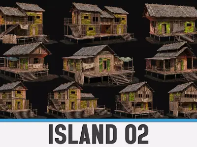 ISLAND 02 with INTERIORS 4K TEXTURES Low-poly 3D model