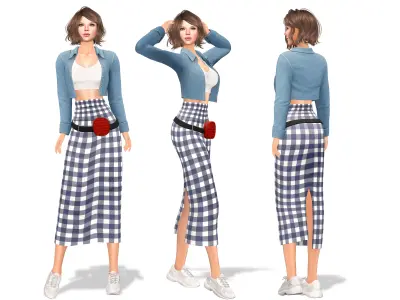 Casual Denim Jacket White Top Skirt Belt Outfit Low-poly 3D model