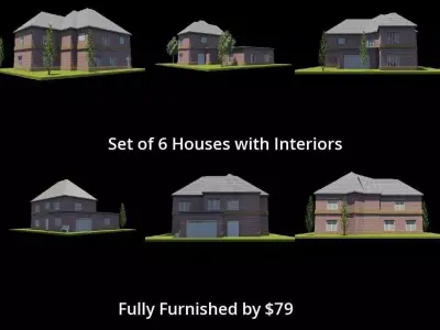 Set 6 Houses Detached with interiors Low-poly 3D model