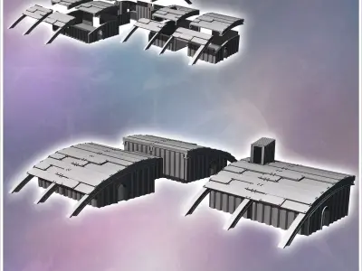 Set of three futuristic oval-roofed barracks with large metal be 3D print model