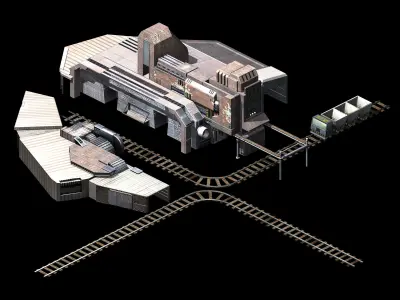 Mining-excavation-site train station with tracks and buildings 3D model