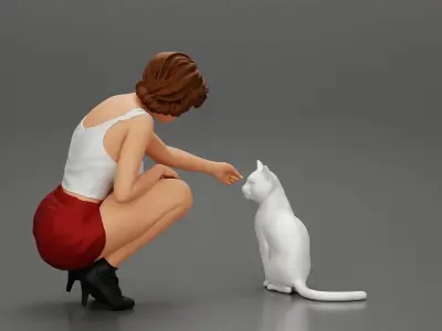 Beautiful girl Sit Near Her Cat 3D print model