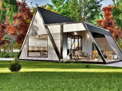 Modern a frame house w fireplace and hot tube Low-poly 3D model