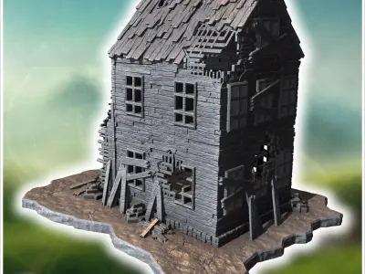 Ruined wooden building with a damaged upper floor broken porch a 3D print model