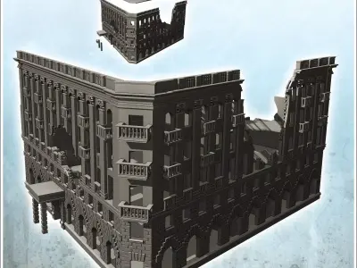 Large ruined urban building with multiple floors and entrance ca 3D print model