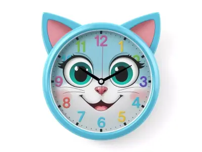 Cute Cartoon Blue Kitty Wall Clock 3D Model Low-poly 3D model