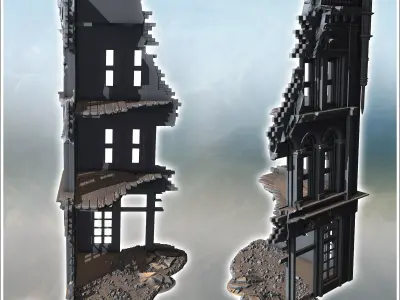 Corner building with decorative arched windows damaged upper wal 3D print model