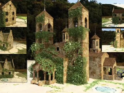 Old Church and 2 Houses And Ivy Houses With Leaf Ground 3D model
