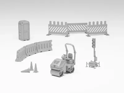 Road works pack - Aphalt roller kit and accessories H0 scale 3D print model