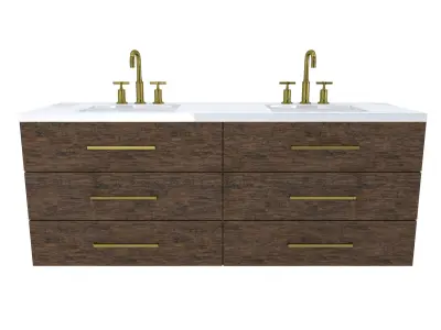 Vanity bathroom with two sinks and brass faucets 3D model