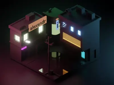 Cyberpunk LOW POLY city at night with neon lights 3D model