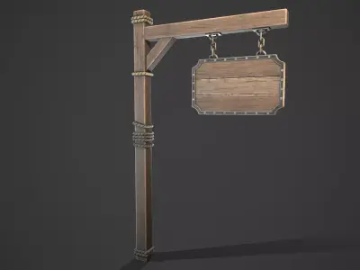 Signboard wooden sign hanging on pole Low-poly 3D model