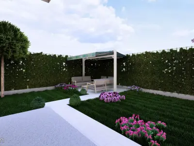 Modern Backyard Garden Scene  BBQ Fireplace Landscaping  3D model