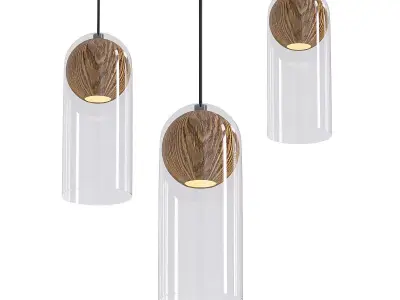 Finer three wooden pendant lights with clear glass shade 3D model