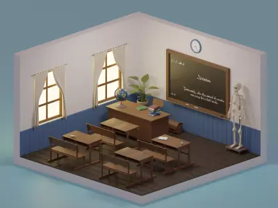 Classroom clock on wall Low-poly 3D model