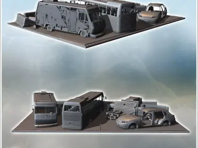 Broken-down vehicles and barriers arranged in a defensive config 3D print model