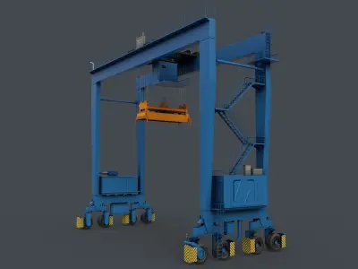 PBR Rubber Tyred Gantry Crane RTG V1 - Blue Light Low-poly 3D model