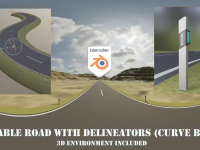 Editable Road with Delineators - Curve Based Low-poly 3D model