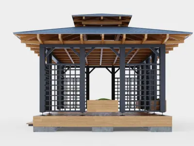 Wooden gazebo with decorative lathing 3D model