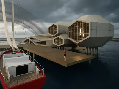 Futuristic Hexagonal House  Concept on Water 3D Model Low-poly 3D model