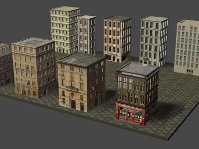 Buildings tall building on cobblestone street Low-poly 3D model