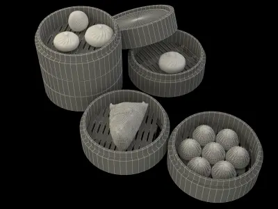 Chinese dim sum in steamer bamboo 3D model