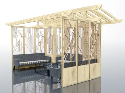 Pergola 1 wooden with couches and chairs 3D model