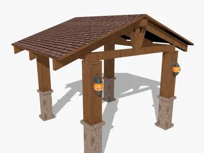 Wooden Shed with Lanterns Low-poly 3D model