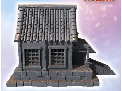 Twin traditional Japanese buildings with stone steps wooden pill 3D print model