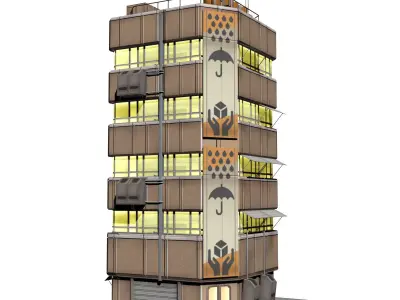 Apartment 2 building with umbrella on top Low-poly 3D model