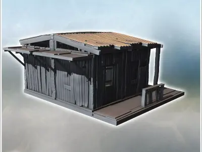 Small corrugated metal hut with damaged roof and wooden supports 3D print model