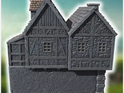 Elevated medieval house with stone steps wooden beams and large  3D print model