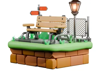 Cartoon Park Bench Street Lamp 3D Model Set - Game Asset 3D model