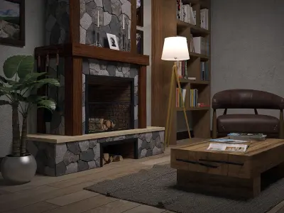 Fireplace with wood and stone 3D model