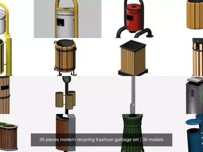 30 pieces modern recycling trashcan garbage set 3D Model Pack
