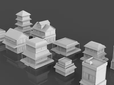 Low Poly 10 Japanese Buildings Mini Pack 1 - Untextured Low-poly 3D model