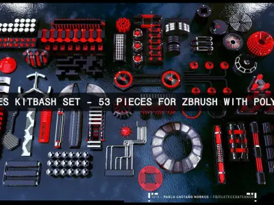 Greebles Kitbash Set - 53 Pieces for zBrush with Polygroups Low-poly 3D model