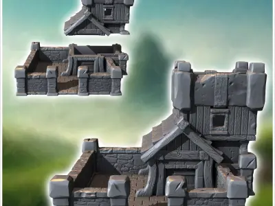 Medieval defense post with square stone tower low wall and tiled 3D print model