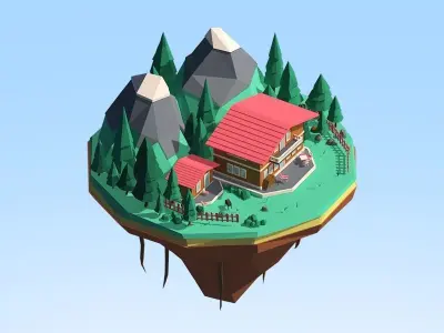 Austria Mount House Winter Illustration Island Low-poly 3D model